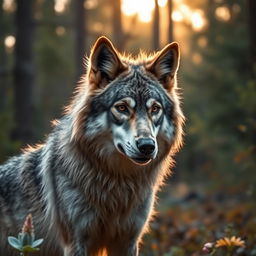 A wolf with large, droopy, flappy ears, standing in a tranquil forest setting