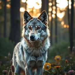 A wolf with large, droopy, flappy ears, standing in a tranquil forest setting