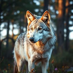 A wolf with large, droopy, flappy ears, standing in a tranquil forest setting