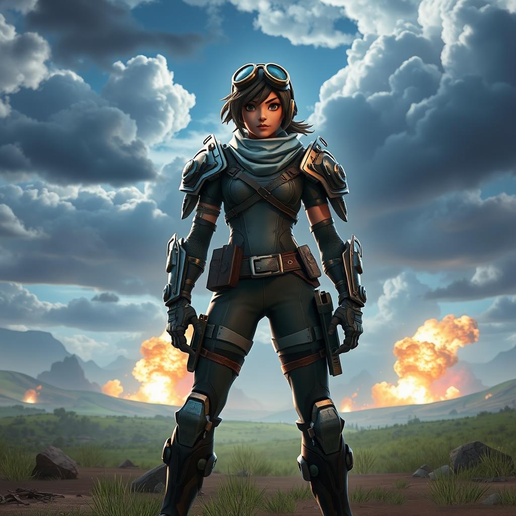 Epic action scene featuring a character resembling Jules from Fortnite, wearing steampunk-inspired armor with mechanical arms and goggles