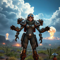 Epic action scene featuring a character resembling Jules from Fortnite, wearing steampunk-inspired armor with mechanical arms and goggles