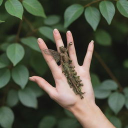 A detailed male fairy hand with graceful fingers, adorned with leaves. Dirt is visible on the fingertips, symbolizing a close connection with nature.