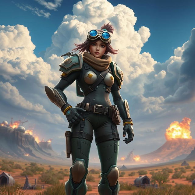 Epic action scene featuring a character resembling Jules from Fortnite, wearing steampunk-inspired armor with mechanical arms and goggles