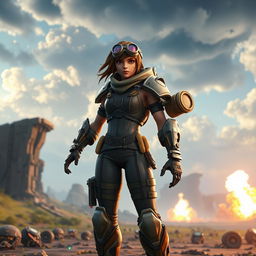 Epic action scene featuring a character resembling Jules from Fortnite, wearing steampunk-inspired armor with mechanical arms and goggles