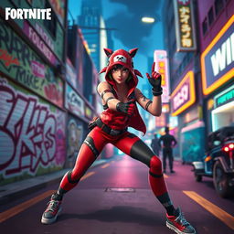 Vibrant action image of a character similar to Ruby from Fortnite, dressed in her signature red and black streetwear, poised in an agile stance