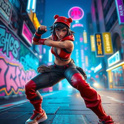 Vibrant action image of a character similar to Ruby from Fortnite, dressed in her signature red and black streetwear, poised in an agile stance