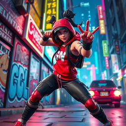 Vibrant action image of a character similar to Ruby from Fortnite, dressed in her signature red and black streetwear, poised in an agile stance