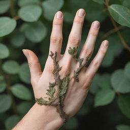 A detailed male fairy hand with graceful fingers, adorned with leaves. Dirt is visible on the fingertips, symbolizing a close connection with nature.