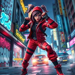 Vibrant action image of a character similar to Ruby from Fortnite, dressed in her signature red and black streetwear, poised in an agile stance