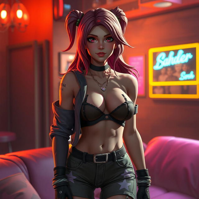 A character similar to Ruby from Fortnite depicted in a sensual yet tasteful artistic rendition