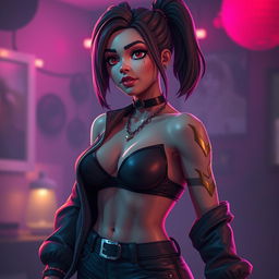 A character similar to Ruby from Fortnite depicted in a sensual yet tasteful artistic rendition