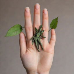 A detailed male fairy hand with graceful fingers, adorned with leaves. Dirt is visible on the fingertips, symbolizing a close connection with nature.