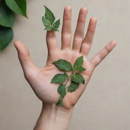 A detailed male fairy hand with graceful fingers, adorned with leaves. Dirt is visible on the fingertips, symbolizing a close connection with nature.