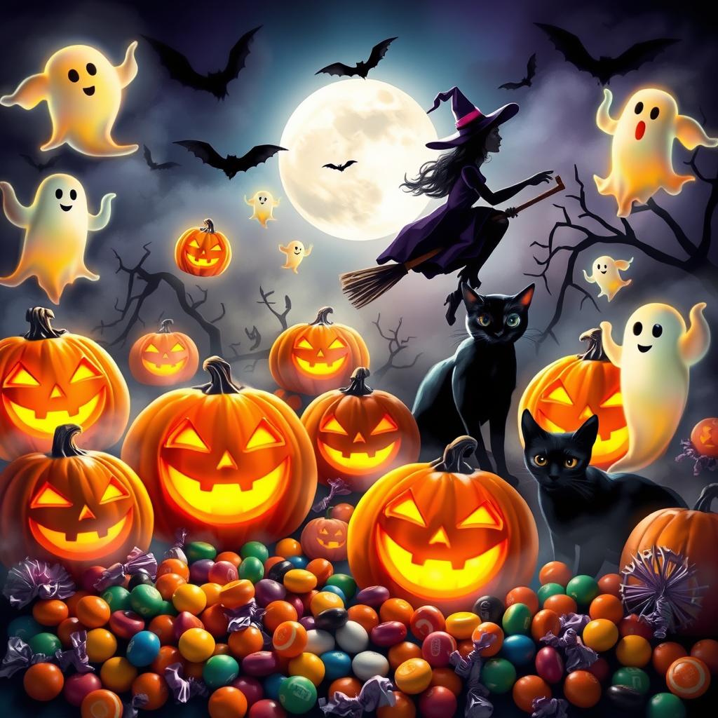 A vibrant Halloween scene filled with an assortment of classic Halloween elements