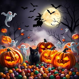 A vibrant Halloween scene filled with an assortment of classic Halloween elements