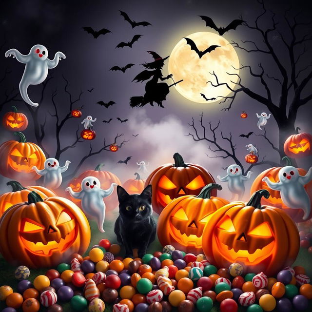 A vibrant Halloween scene filled with an assortment of classic Halloween elements