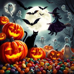 A vibrant Halloween scene filled with an assortment of classic Halloween elements