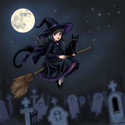 A young witch flying on a broomstick over a cemetery, with a black cat perched on her shoulder