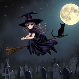 A young witch flying on a broomstick over a cemetery, with a black cat perched on her shoulder