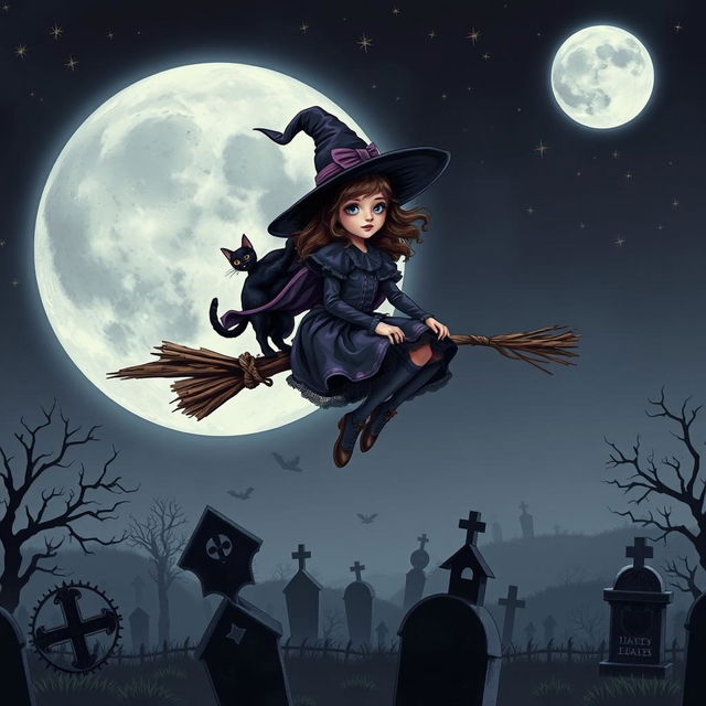 A young witch flying on a broomstick over a cemetery, with a black cat perched on her shoulder