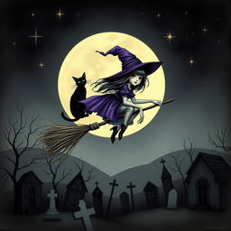 A young witch flying on a broomstick over a cemetery, with a black cat perched on her shoulder