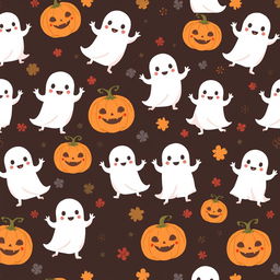 A seamless Halloween pattern featuring dancing ghosts and pumpkins