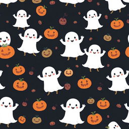 A seamless Halloween pattern featuring dancing ghosts and pumpkins