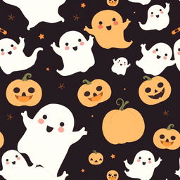 A seamless Halloween pattern featuring dancing ghosts and pumpkins