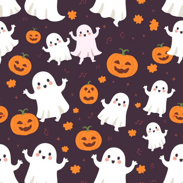 A seamless Halloween pattern featuring dancing ghosts and pumpkins