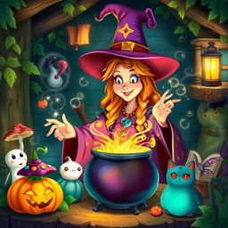 A whimsical witch concocting a magical potion in her enchanted forest cottage