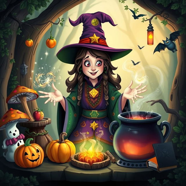 A whimsical witch concocting a magical potion in her enchanted forest cottage