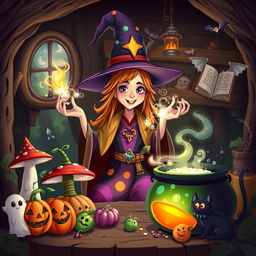 A whimsical witch concocting a magical potion in her enchanted forest cottage