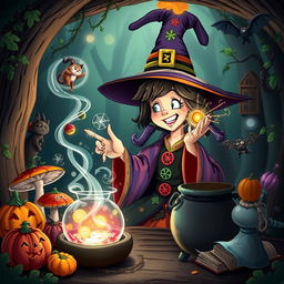 A whimsical witch concocting a magical potion in her enchanted forest cottage