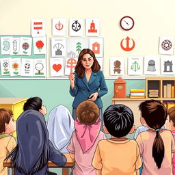 A classroom scene where a teacher is leading a discussion on the importance of respecting different places of worship, after a situation where a student named Rina felt upset because her classmates questioned her drawing of a church while another student, Siti, drew a mosque