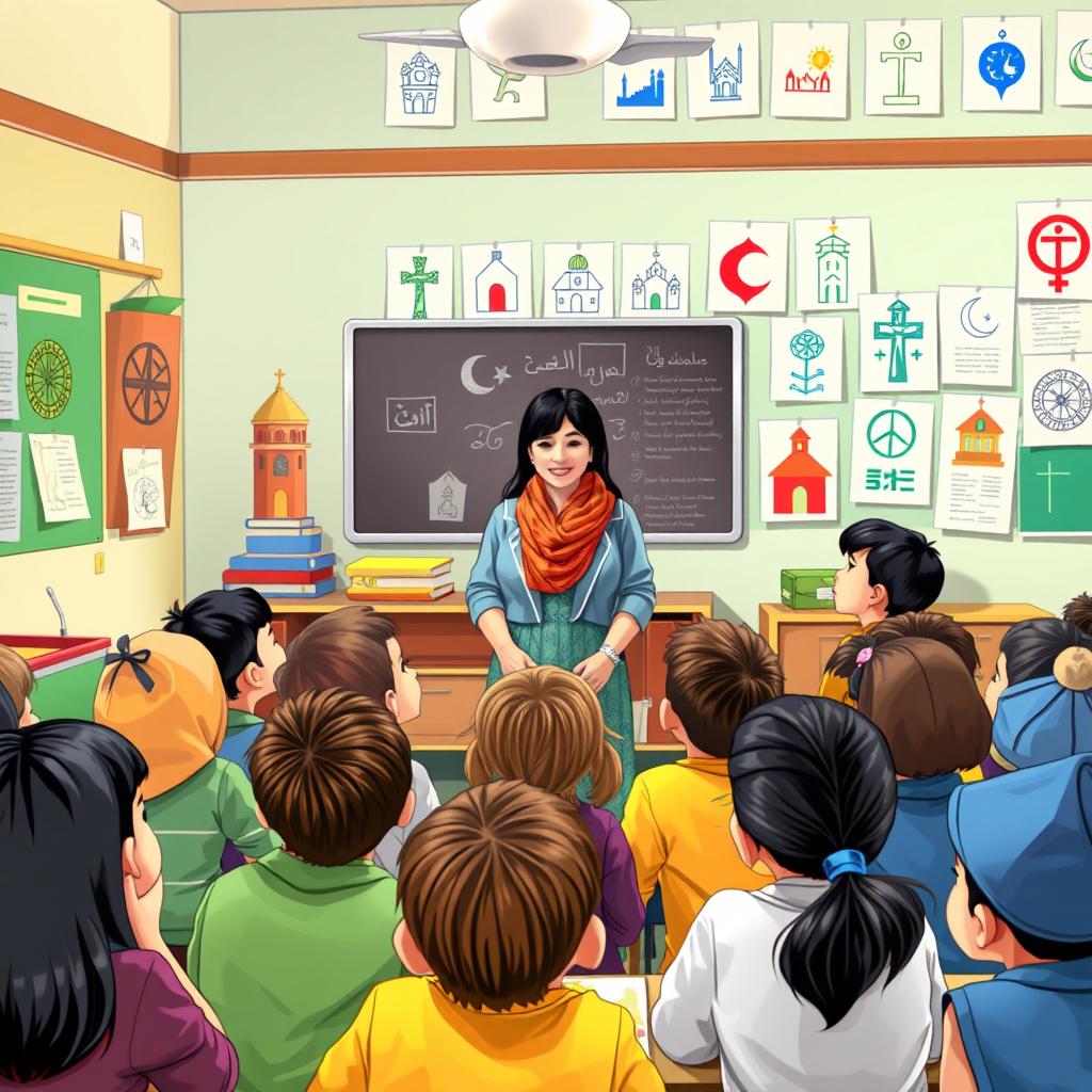 A classroom scene where a teacher is leading a discussion on the importance of respecting different places of worship, after a situation where a student named Rina felt upset because her classmates questioned her drawing of a church while another student, Siti, drew a mosque