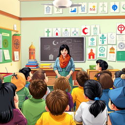 A classroom scene where a teacher is leading a discussion on the importance of respecting different places of worship, after a situation where a student named Rina felt upset because her classmates questioned her drawing of a church while another student, Siti, drew a mosque