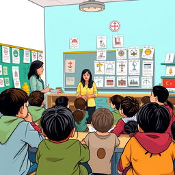 A classroom scene where a teacher is leading a discussion on the importance of respecting different places of worship, after a situation where a student named Rina felt upset because her classmates questioned her drawing of a church while another student, Siti, drew a mosque