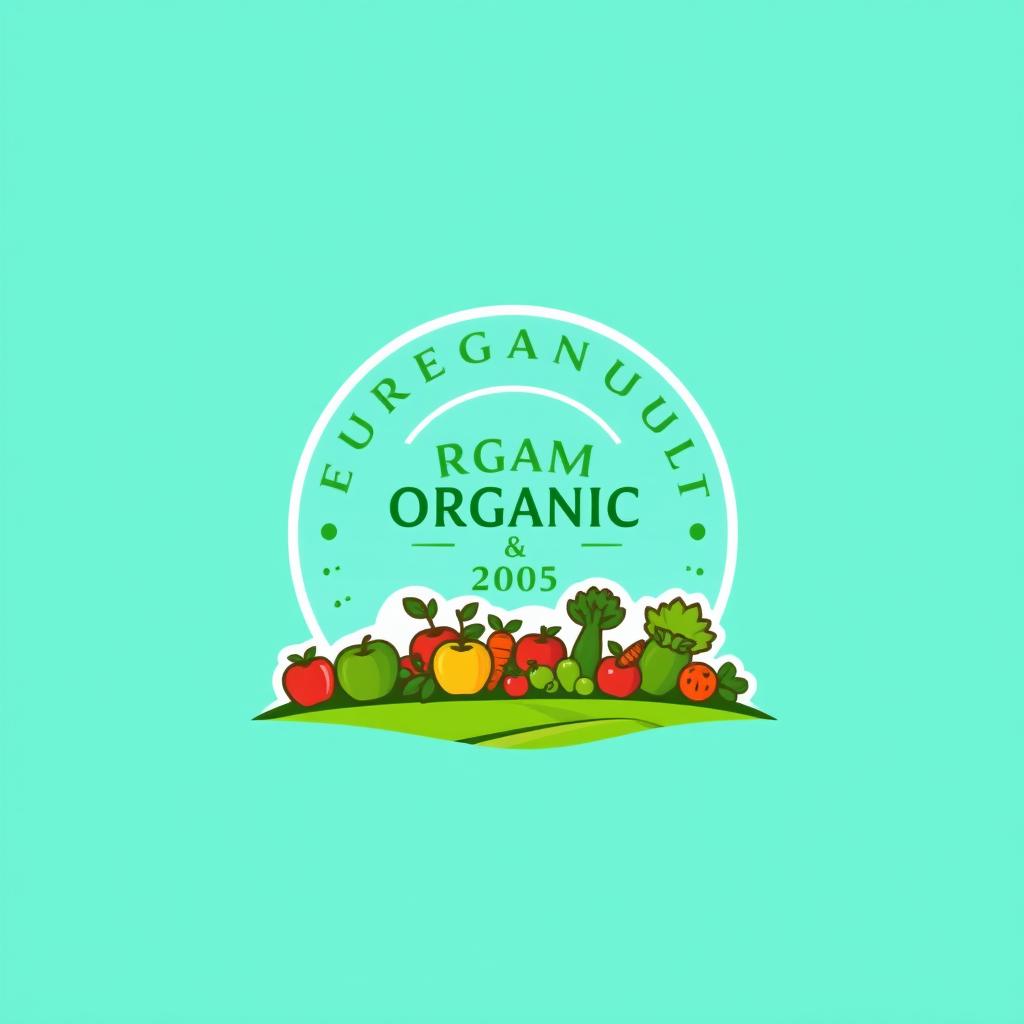 A logo design featuring a stylized, lush green farm landscape under a clear blue sky