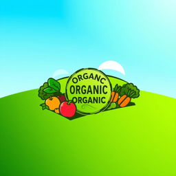 A logo design featuring a stylized, lush green farm landscape under a clear blue sky