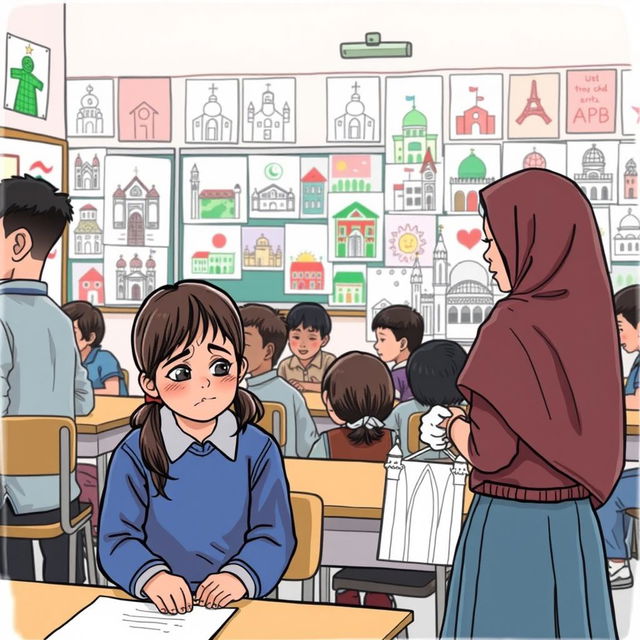 A classroom scene where a student named Rina feels upset and sad as some classmates question her drawing of a church with mocking tones