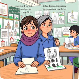 A classroom scene where a student named Rina feels upset and sad as some classmates question her drawing of a church with mocking tones