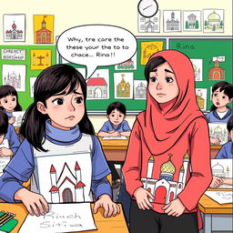 A classroom scene where a student named Rina feels upset and sad as some classmates question her drawing of a church with mocking tones