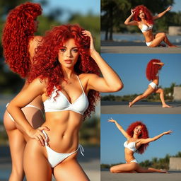 A petite woman with curly red hair, wearing a white bikini, striking a variety of full-body poses