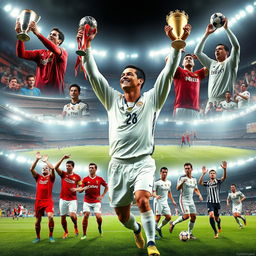 A detailed montage of Cristiano Ronaldo's illustrious football career, featuring him in various iconic moments on the pitch