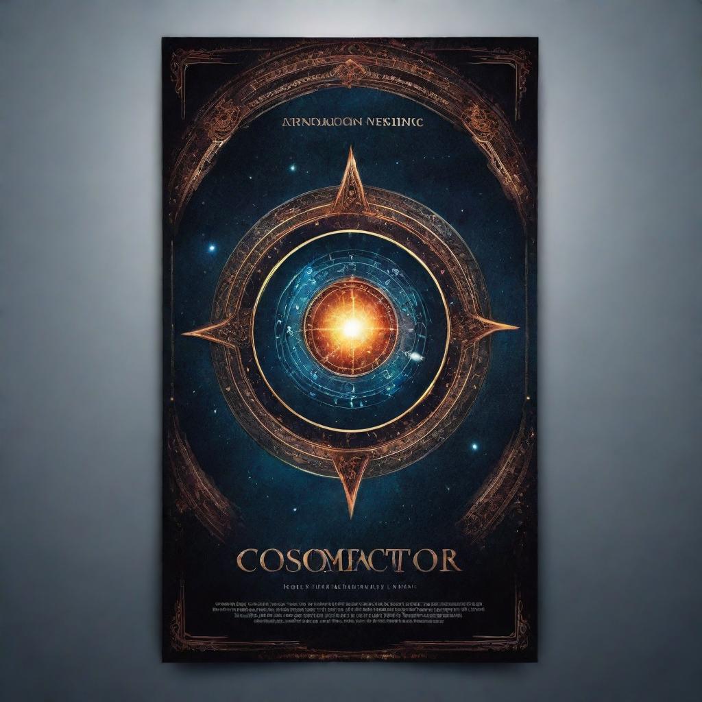 Design a banner with a striking inscription 'COSMOFACTOR' at the center, incorporating elements of space, mystery, and mystic in a realistic style.