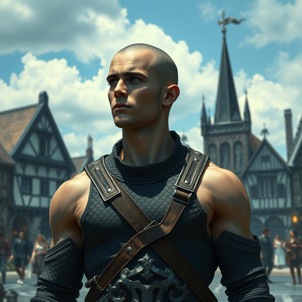 A handsome, muscular young man with a bald head and brilliant blue eyes, featuring a chiseled jaw, is standing in a town square during the day