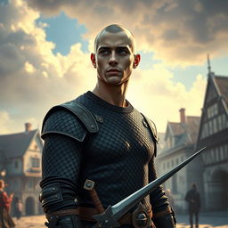 A handsome, muscular young man with a bald head and brilliant blue eyes, featuring a chiseled jaw, is standing in a town square during the day