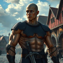 A handsome, muscular young man with a bald head and brilliant blue eyes, featuring a chiseled jaw, is standing in a town square during the day