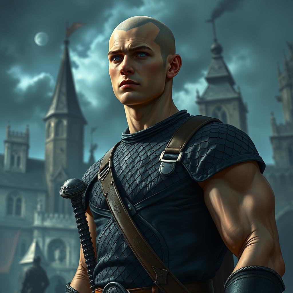 A handsome, muscular young man with a bald head and brilliant blue eyes, featuring a chiseled jaw, is standing in a town square during the day