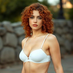 A fair-skinned young woman with curly red hair, wearing a white bikini, posed to showcase her full body